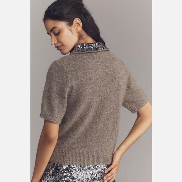 NWT Anthropologie Endless Rose Short-Sleeve Sequin-Collar Sweater Size M - Picture 2 of 10
